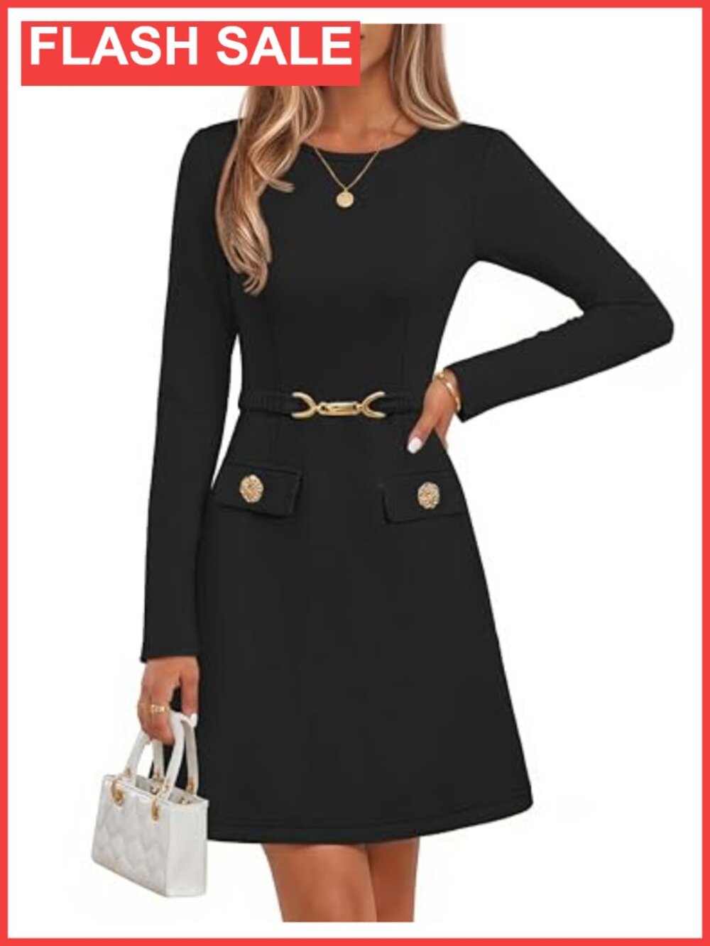 Women's Long Sleeve Mini Dress Business Casual Work Office A-Line Belted